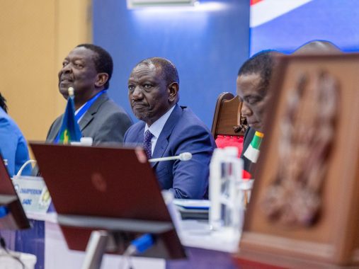 Prime Cabinet Secretary Musalia Mudavadi, President William Ruto and Zimbabwe's counterpart Emmerson Mnangagwa during a joint EAC-SADC summit in Tanzania on February 8, 2025. PHOTO/@WilliamsRuto/X