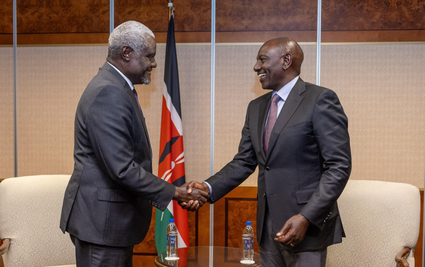 President William Ruto with AU Commission Chairperson Moussa Faki in Addis Ababa on February 13, 2025. PHOTO/@WilliamsRuto/X