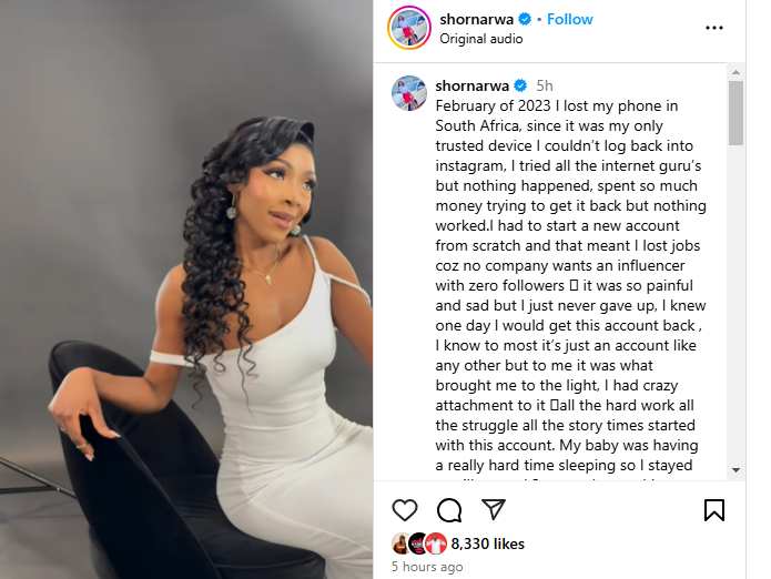 A post made by Shorn Arwa on Saturday, February 15, 2025 on her newly recovered Instagram page. PHOTO/Screengrab by K24 Digital from @shornarwa