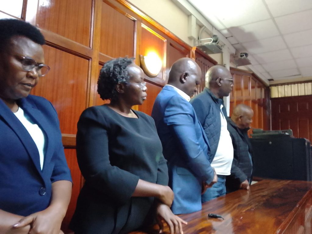 The 5 persons of interest in the KUSCCO fraud when they appeared before Senior Principal Magistrate Dolphine Alego at the Milimani Law Courts on Tuesday, February 18,2025.PHOTO/Zipporah Ngwatu