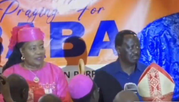 Former Prime Minister Raila Odinga and Ida Odinga during a prayer session at the Bomas of Kenya on February 10, 2025. Screengrab by k24 Digital from @AzimioTV/X