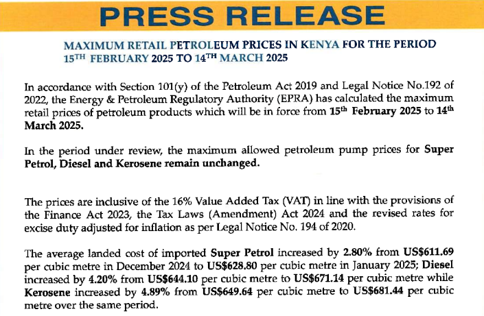 Part of EPRA's statement on February 14, 2025. PHOTO/@EPRA_ke/X