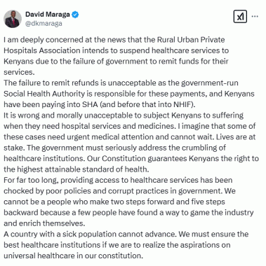 A screenshot of former CJ David Maraga statement posted on X by @dkmaraga  