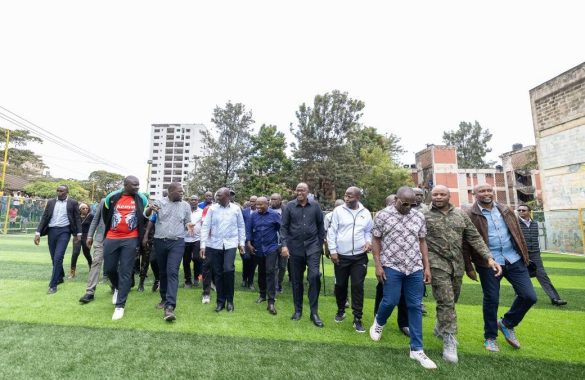 President William Ruto fanked by Deputy President Kithure Kindiki and Nairobi Governor Johnson Sakaja, along with several Members of Parliament, Members of County Assembly, and other leaders on Monday, March 10, 2025. PHOTO/https://www.facebook.com/williamsamoei
