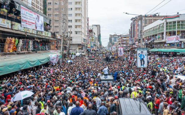 President William Ruto addressses large crowds in Kamkunji Constituency on Monday, March 10, 2025. PHOTO/https://www.facebook.com/williamsamoei