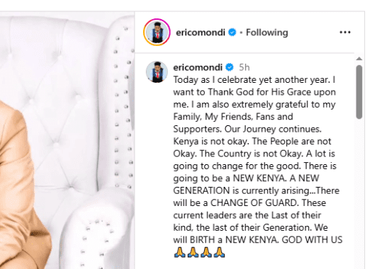 A post shared by comedian Eric Omondi on Sunday, March 9, 2025, on Instagram. PHOTO/Screengrab by K24 Digital from @ericomondi