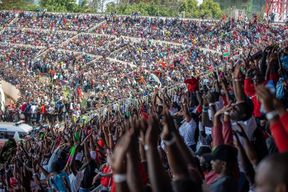 Fans at Nyayo Stadium, Nairobi during a match pitting Harambee Stars vs Gabon on Sunday, March 24, 2025. PHOTO/@WilliamsRuto/X