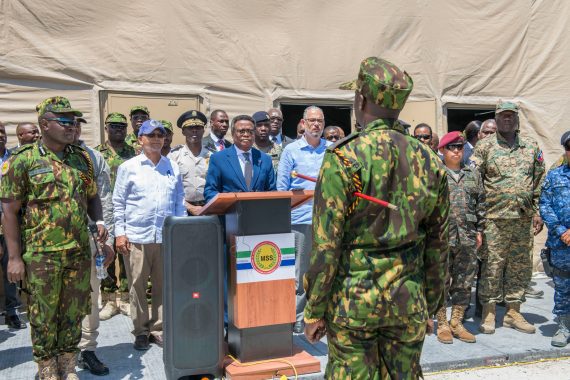 The President of Haiti’s Transitional Presidential Council (TPC), Fritz Alphonse Jean speaking during a visit to the mission’s LSA 2 on Thursday, March 27, 2025