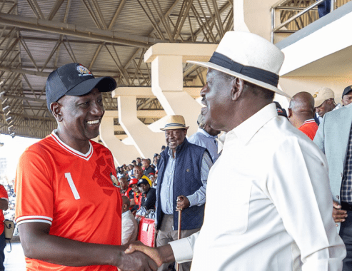 President William Ruto and former Prime Minister Raila Odinga at Nyayo Stadium on Sunday, March 23, 2025. PHOTO/State House