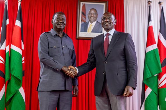 President William Ruto and Raila Odinga shake hands after signing MoU between their parties UDA and ODM at KICC, Nairobi on Friday, March 7, 2025. PHOTO/@ODP_KEofficial/X