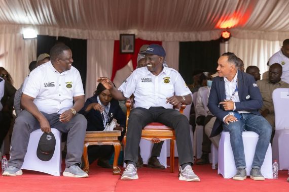 President William Ruto and Sports Cabinet Secretary Salim Mvurya donning similar outfits at WRC Safari Rally in Hell's Gate, Naivasha on Sunday, March 23, 2025. 