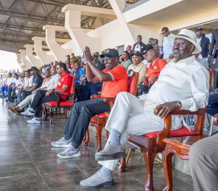 President William Ruto and former Prime Minister Raila Odinga and fans enjoying the FIFA World Cup qualifier match between Kenya's Harambee Stars and Gabon at Nyayo Stadium on Sunday, March 23, 2025. PHOTO/State House