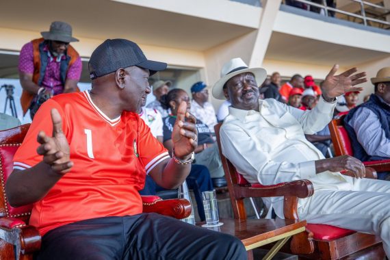 President William Ruto and former Prime Minister Raila Odinga enjoying the FIFA World Cup qualifier match between Kenya's Harambee Stars and Gabon at Nyayo Stadium on Sunday, March 23, 2025. PHOTO/State House