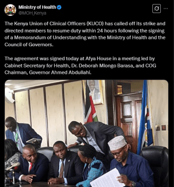 A post shared by the Ministry of Health (MOH) on Wednesday, March 12, 2025, on X. PHOTO/Screengrab by K24 Digital from @MOH_Kenya