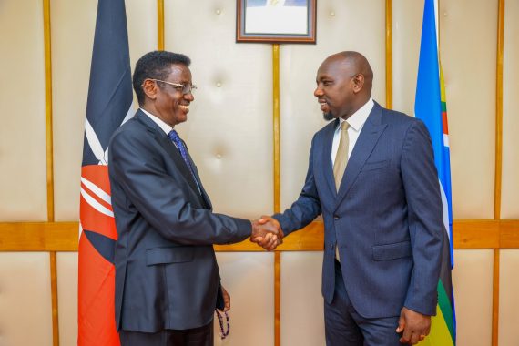 Interior Cabinet Secretary Kipchumba Murkomen greets his Somali counterpart Abdullahi Sheikh Ismail during a meeting in Nairobi on April 16, 2025. PHOTO/@kipmurkomen/X