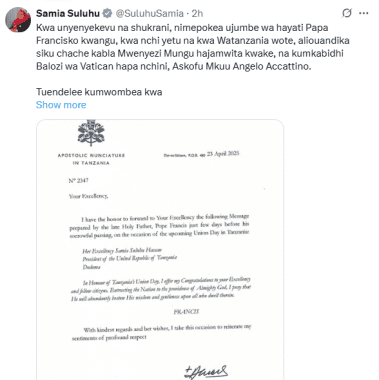 Part of Samia Suluhu's statement posted on Sunday, April 27, 2025. PHOTO/Screengrab by K24 Digital from @SuluhuSamia