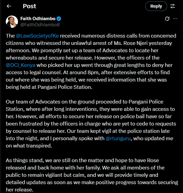 A post shared by LSK President Faith Odhiambo on Saturday, May 31, 2025, on X. PHOTO/Screengrab by K24 Digital from @FaithOdhiambo8