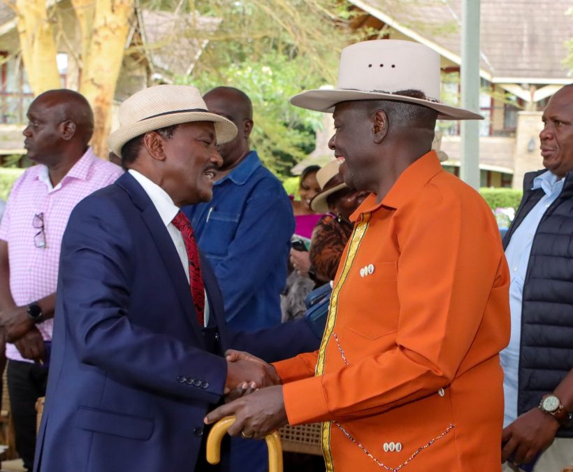 Former DP Rigathi Gachagua shakes hands with Kalonzo. PHOTO/@rigathi/X