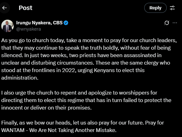 A post shared by Irungu Nyakera on his X account on Sunday, May 25, 2025. PHOTO/Screengrab by K24 Digital from @wnyakera