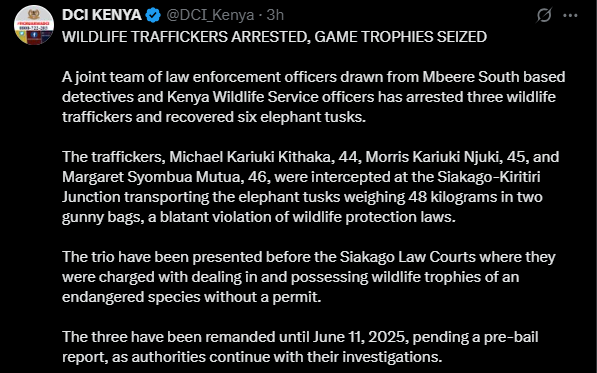 A statement shared by DCI on Thursday, May 29, 2025, on X. PHOTO/Screengrab by K24 Digital from @DCI_Keenya