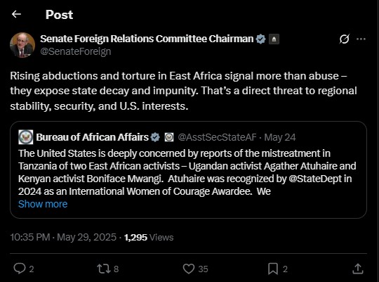 Part of the statement shared by Senator Jim Risch on Thursday May 29, 2025. PHOTO/screengrab by K24 Digital/@SenateForeign/X