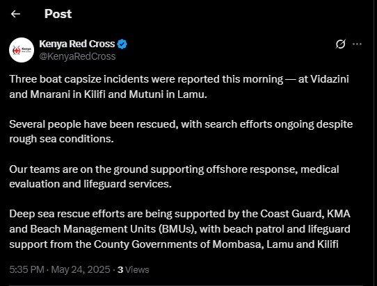 Part of the statement shared by Kenya Red Cross on Saturday, May 24, 2025. PHOTO/screengrab by K24 Digital/@KenyaRedCross/X