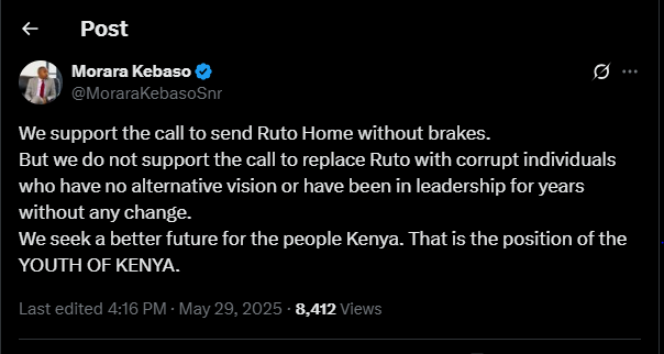 A post shared by Morara Kebaso on Thursday, May 29, 2025, on his X account. PHOTO/Screengrab by K24 Digital from @MoraraKebasoSnr