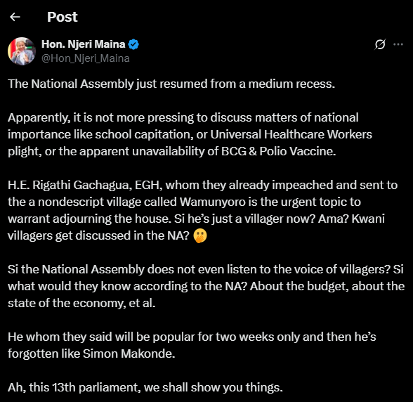 A post shared by Woman Rep Njeri Maina on Tuesday, May 27, 2025, on her X account. PHOTO/Screengrab by K24 Digital from @Hon_Njeri_Maina