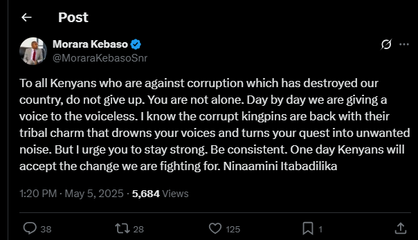 A post shared by Morara Kebaso on Monday, May 5, 2025 on X. PHOTO/Screengrab by K24 Digital  from @MoraraKebasoSnr
