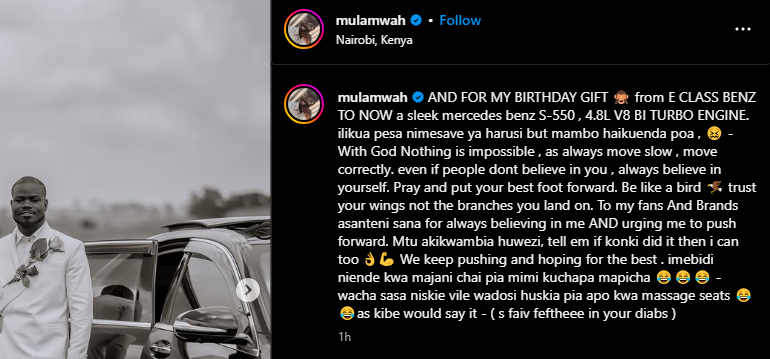 A post made by Mulamwah on Wednesday, May 28, 2025, on his Instagram page. PHOTO/Screengrab by K24 Digital from @mulamwah