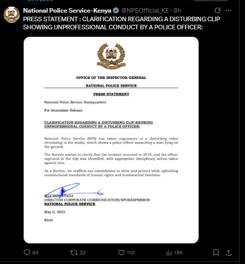 A post shared by NPS on Tuesday, May 6, 2025, on X. PHOTO/Screengrab by K24 Digital from @NPSOfficial_KE
