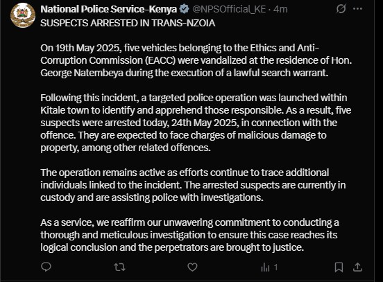 Part of the statement shared by the National Police Service on X on Satiurday May 24, 2025. PHOTO/ screengrab by K24 Digital/@NPSOfficial_KE/X