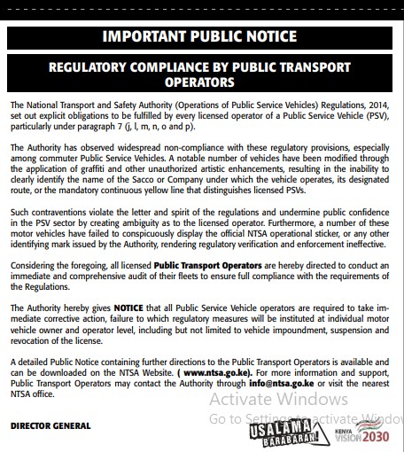 Part of NTSA's notice published on MyGov on Tuesday May 27, 2025. PHOTO/screengrab by K24 Digital/https://gaa.go.ke/