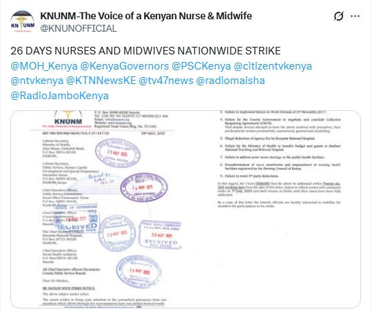 Nurses issue a 26-day strike notice. PHOTO/@KNUNOFFICIA/X