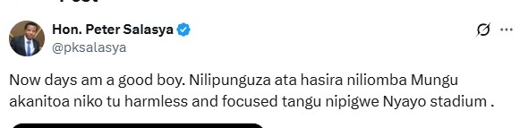 Peter Salasya's statement shared on his X account disclosing that he has chosen peace. PHOTO/@pksalasya/X