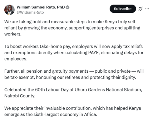 Screenshot of William Ruto's statement. PHOTO/@WilliamsRuto/X