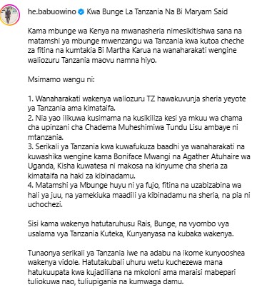 Babu Owino's statement condemning Tanzanian MP's remarks over Karua