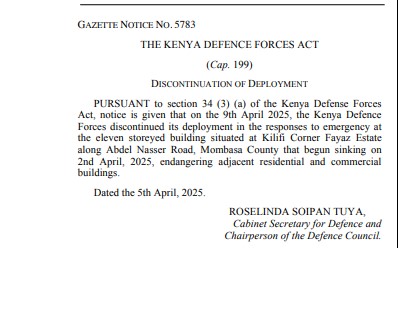 Part of the statement from CS Soipan Tuya published on Kenya Gazette confirming the withdrawal of KDF soldiers in Mombasa. PHOTO/ screengrab by K24 Digital/https://new.kenyalaw.org/gazettes/2025