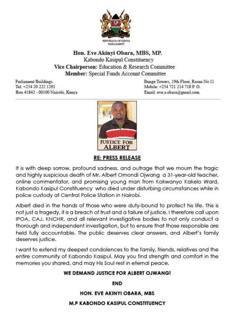 MP Eve Obara's letter calling for justice. PHOTO/https://web.facebook.com/eve.obara.3
