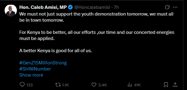 A post shared by Caleb Amisi on Tuesday, June 24, 2025, on his X account. PHOTO/Screengrab by K24 Digital from @Honcalebamisi
