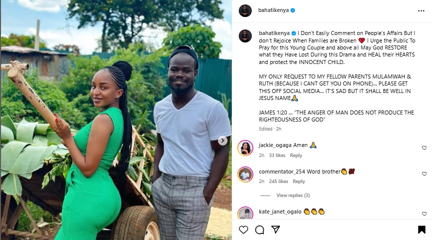 Bahati's message to Mulamwah and Ruth K amid online spat. PHOTO/@BahatiKenya/Instagram