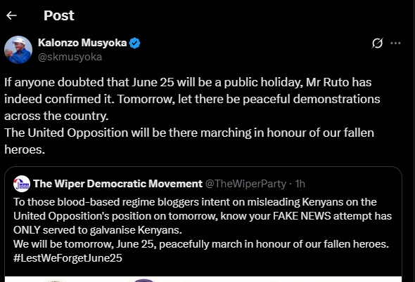 A post shared by Kalonzo Musyoka on his X account on Tuesday, June 24, 2025. PHOTO/Screengrab by K24 Digital from @skmusyoka