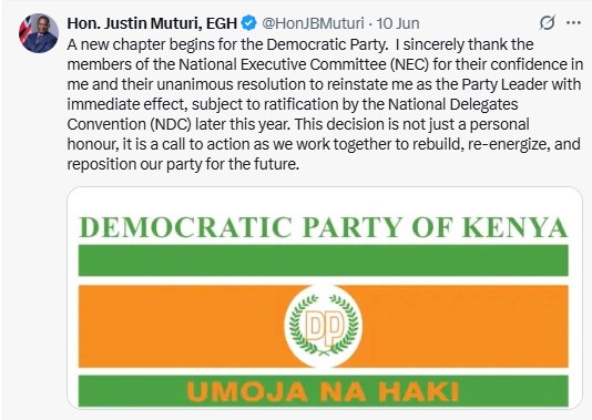 Justine Muturi announcing his comeback. PHOTO/@HonJBMuturi/X