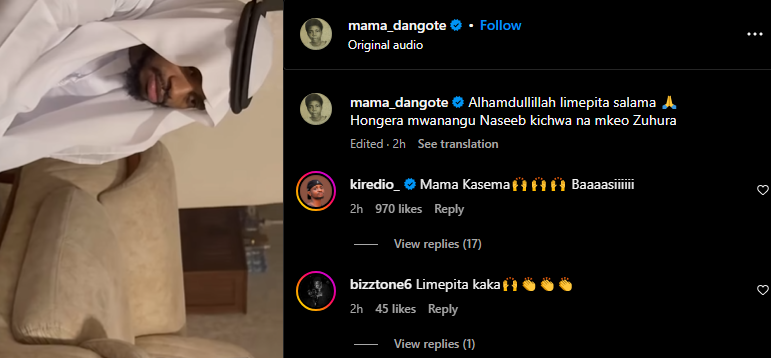 A post shared by Mama Dangote on Sunday, June 1, 2025, on Instagram. PHOTO/Screengrab by K24 Digital from @mama_dangote