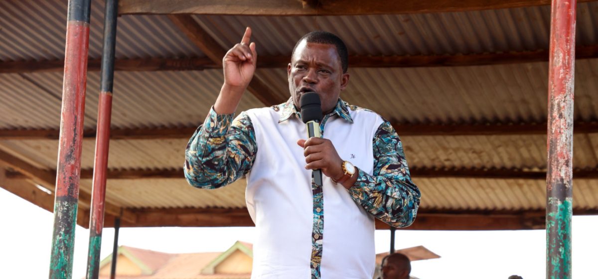 Former CS Justin Muturi speaking at Kanyuombora Grounds on Sunday, June 15, 2025. PHOTO/@HonJBMuturi/X