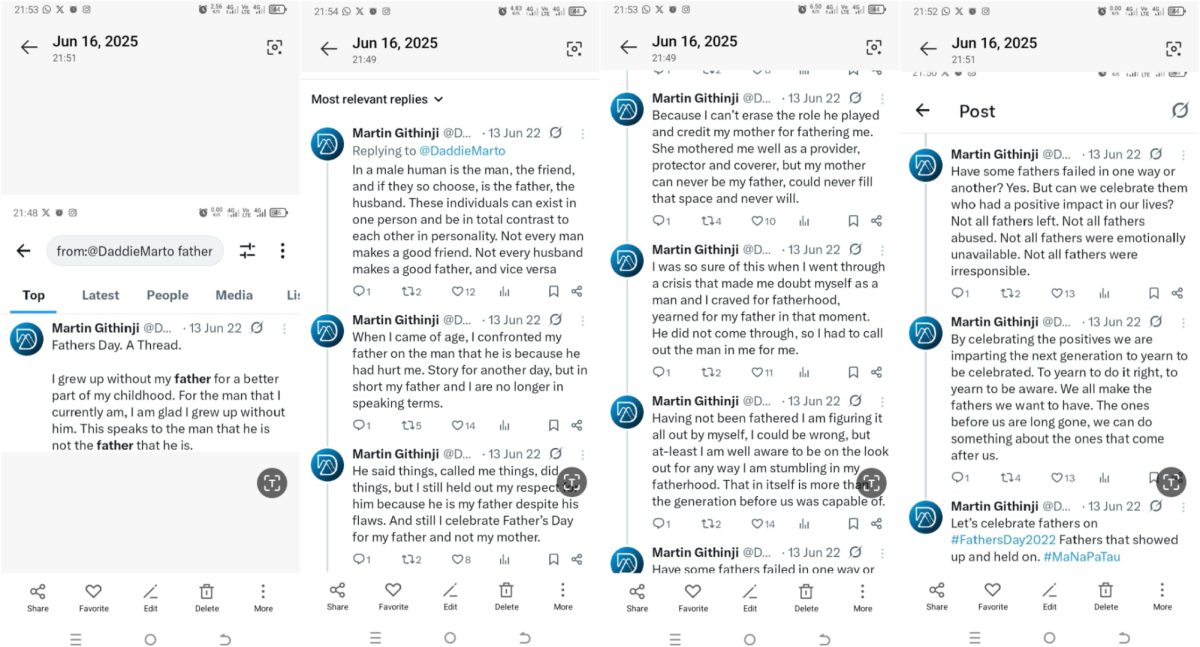 Daddie Marto's post reflecting on his childhood. PHOTO/screengrab by K24 Digital from posts shared on X by @DaddieMarto