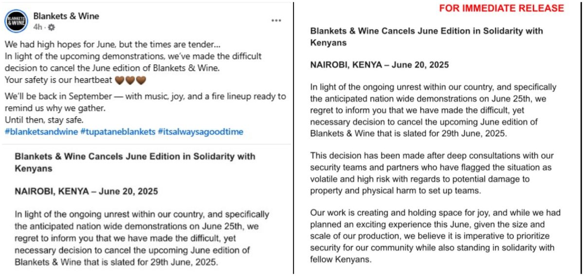 Copy of the Blankets and Wine's cancellation notice. PHOTO/https://www.facebook.com/BlanketsAndWineNBO