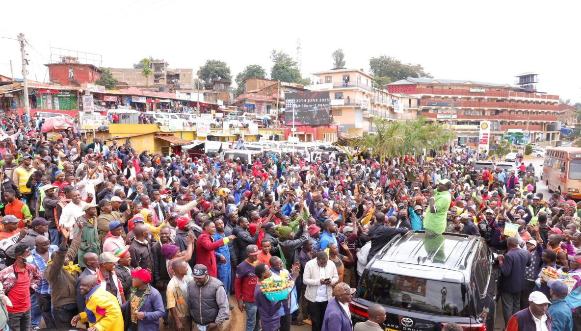 Rigathi Gachagua speaks to residents of Chuka, Tharaka Nithi County, during an impromptu stopover on his way to Meru on June 20, 2025. PHOTO/@rigathi/X