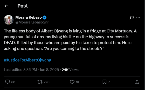A post shared by Morara Kebaso on Sunday, June 8, 2025, on his X account. PHOTO/Screengrab by K24 Digital from @MoraraKebasoSnr
