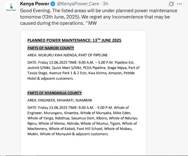 Kenya Power's notice on planned Friday, June 13,2025, power blackout. PHOTO/@KenyaPower_Care
/X